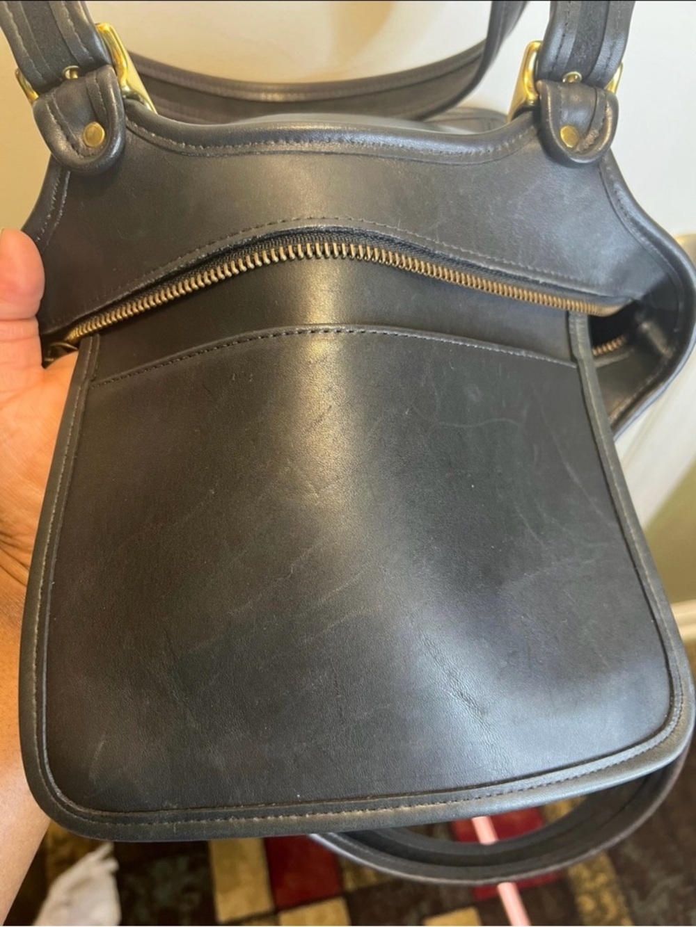 Black Vintage Leather Coach Shoulder Tote with Gold-Tone Buckles - Picture 6 of 10